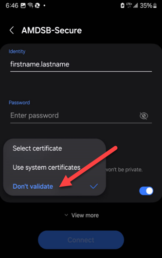 image of tapping CA cetificate and the Don't validate option